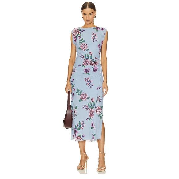 FREE PEOPLE Floral Rose Print Mesh Carmel Side Slit Bodycon Midi Dress L - Picture 10 of 11